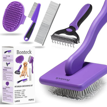 Dog Slicker Brush for Dogs Grooming Kit 4PCS | Large Dog Brush for Goldendoodles Poodles Doodles | Long Pin Haired Brush | Poodle Brushes and Comb (Purple)