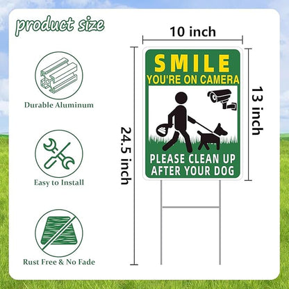 Clean UP After Your Dog Signs, 2-Pack 13"x10" Double-Sided H-Stake Metal Stakes Smile Your on Camera Signs, No Pooping Dog Signs for Yard, Pick Up After Your Dog Sign
