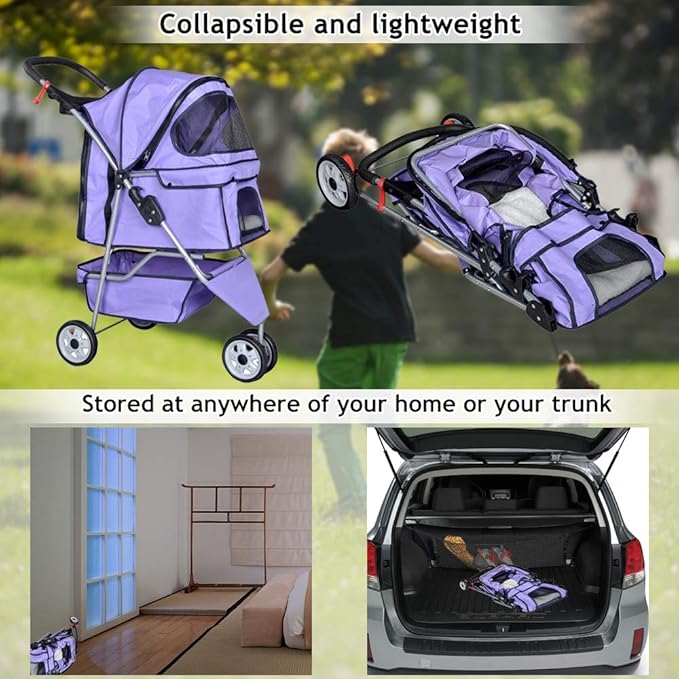 Dkeli 3-Wheel Pet Stroller, Lightweight Foldable Dog Stroller for Small Medium Dogs & Cats, Breathable Mesh & Weather Cover with Storage Basket, for Daily Walk Outdoor Travel (Purple)