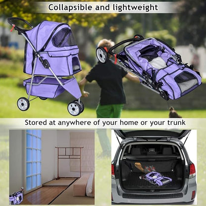 Dkeli 3-Wheel Pet Stroller, Lightweight Foldable Dog Stroller for Small Medium Dogs & Cats, Breathable Mesh & Weather Cover with Storage Basket, for Daily Walk Outdoor Travel (Purple)