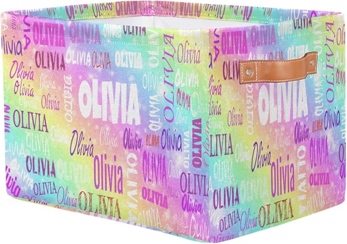 Personalized Kids Toy Box with Name, Custom Nursery Baskets Cubes Box, Kids Custom Storage Basket Laundry Baskets Organizer with Handles, Colorful Rainbow Color