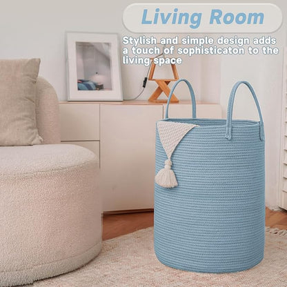 Large Woven Laundry Basket Hamper,60L Cotton Rope Storage Bin for Blankets,Toys and Clothes,Decorative Tall Nursery Hamper for Living Room,Baby Nursery,Bathroom and Bedroom,Blue
