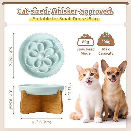 Elevated Slow Feeder Cat Bowl - Melamine Cat Dish with Anti-Slip Bamboo Stand - Whisker Friendly Feeding Bowl - Floral Maze Food Plate for Slow Eating - Blue