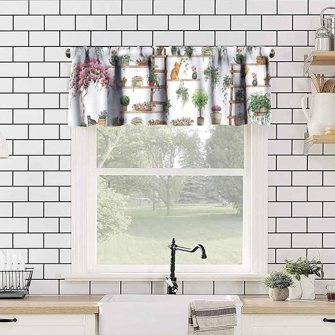 Vintage Bohemian Flower Window Valance Curtains, Colorful Succulent Plants Cute Cats Art Green House Plant Potted Flower Valance Curtain for Farmhouse Bedroom Living Room Kitchen 54x18inch