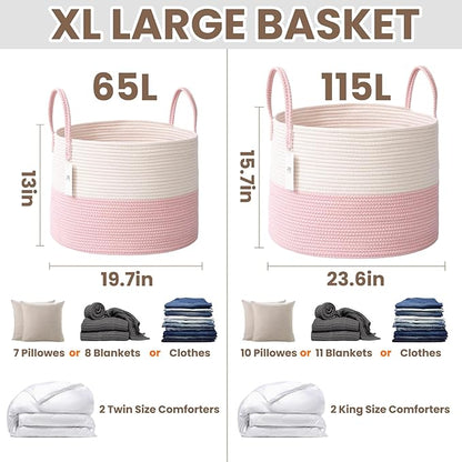65L Extra Large Blanket Basket for Living Room - Woven Cotton Rope Laundry Hamper with Reinforced Handles - Storage Bin for Pillows, Comforters & Toys - Machine Washable,White&Pink