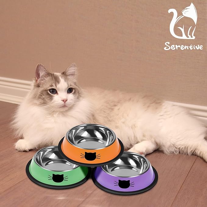 3 Pcs Non-Slip Stainless Steel Small Cat Food Bowls - Unbreakable, Thicken 7 Oz Cat Dishes - Indoor, Removable Rubber Base, Easily Clean, Lovely Color