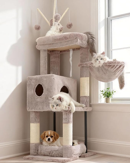 Heybly Cat Tree, 45.3-Inch Cat Tower for Indoor Cats with Large Perch, All-in-One Cat Furniture with Cozy Bed, Hidden Space Cat Condo, Comfy Hammock, Scratching Posts & 3 Pompoms, Muchroom HCT202SMU