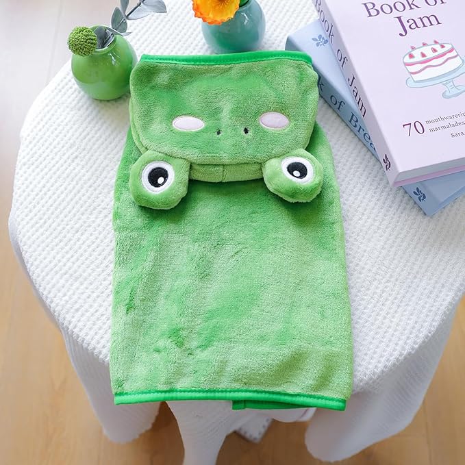 Dog Bathrobe with Hood Super Absorbent Soft Quick Drying Towel Wrap Adjustable Puppy Cat Bath Robe Towel for Cold Weather Beach Pool (Green Frog, Large)