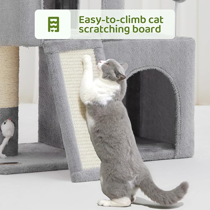 Woochpet 24inch Tall Cat Tree with 2 Cat Condo and Mouse Toy Cozy Small Cat Tower with Scratching Post and Board for Kitties and Small Cats.（Light Grey） (22 * 13 * 28)
