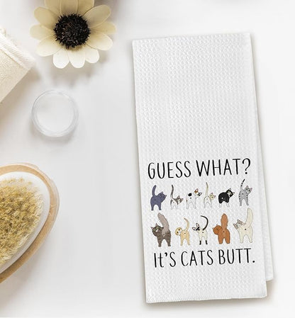 Guess What? It's Cat Butt Funny Dish Towel for Kitchen, Cute Tea Hand Towel, Decorative Bathroom Towel, Cat Lovers Gift 16x24 Inch