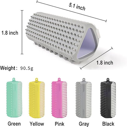 Triangular Wrap-Around Pet Grooming & Bath Brush for Dogs & Cats – 3-in-1 Silicone Dog Bath Brush with Deshedding Bristles, Massage Cones & Deep Cleaning Nubs, Soft Flexible Self-Cleaning Design,Gray