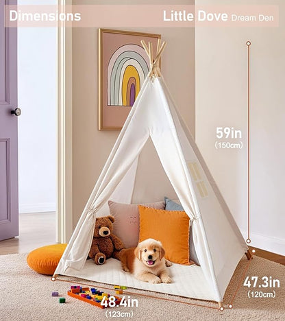 little dove Teepee Tent for Kids Foldable Teepee Play Tent with Carry Case, Banner, Fairy Lights, Olives Branches, Four Poles Style Raw White Color - New Version Tiny House