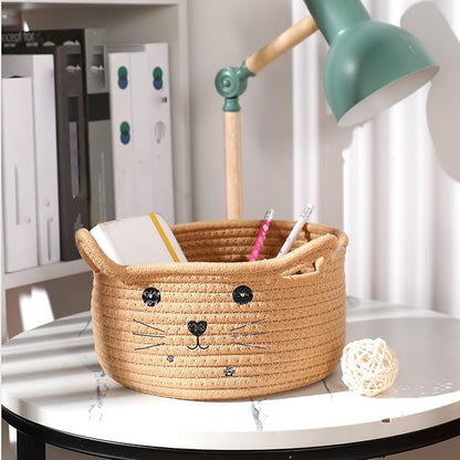 Zopeal Cat Basket Storage Woven Organizer with Ears Easter Decorative Pet Toy Cute Cotton Rope Basket for Gift Cat Dog Toy Bin Nursery Room(8.3 x 4.7 Inch,Khaki)