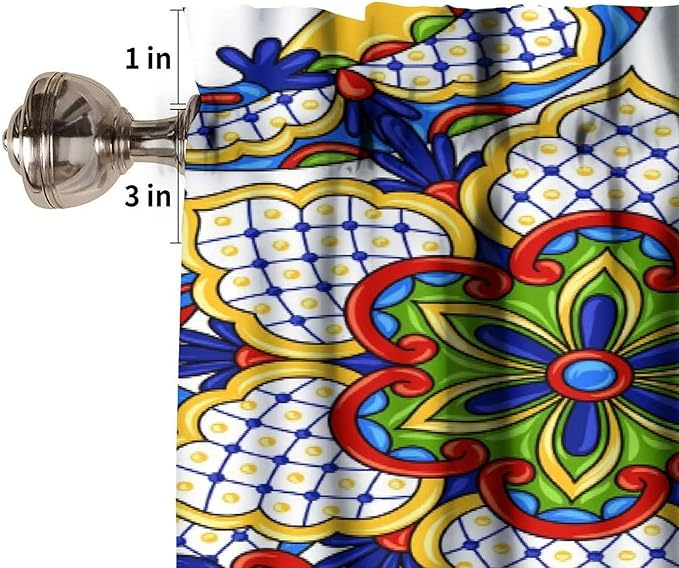 Mexico Valance Curtains Rustic Ethnic Folk Mexican Traditional Talavera Tile Pattern Window Treatment Valances Short Curtains Rod Pocket Drape for Dining Room Home Kitchen Decor, 54x18inch