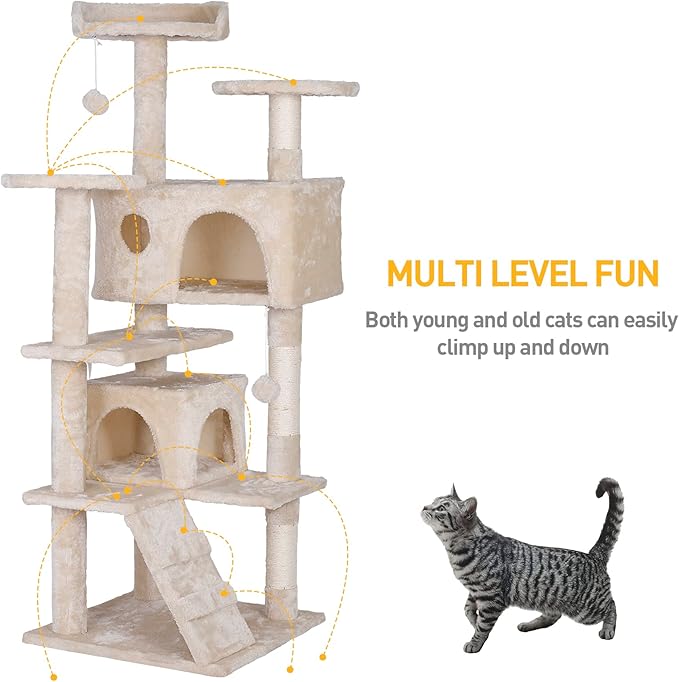 53 inches Heavy Duty Multi-Level Cat Tree Tower with Condo Furniture & Scratching Posts for Kittens Play Rest (Beige)