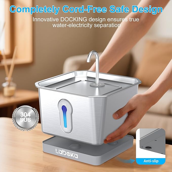 135oz/4L Wireless Cat Water Fountain, [304 Stainless Steel]&[Water and Electricity Separation Safety Design], Pet Fountain for Cats Inside, Innovative Design Easy to Clean for Cats and Dogs (Silver)