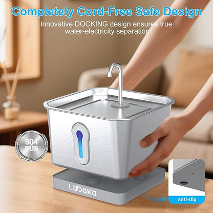 135oz/4L Wireless Cat Water Fountain, [304 Stainless Steel]&[Water and Electricity Separation Safety Design], Pet Fountain for Cats Inside, Innovative Design Easy to Clean for Cats and Dogs (Silver)