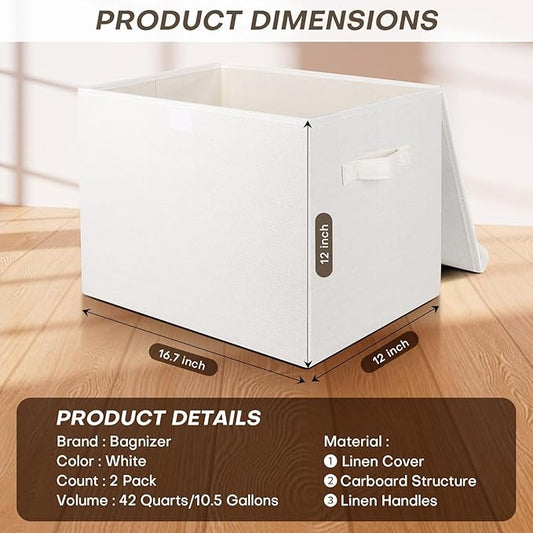 Large 42 Quarts Fabric Storage Bins with Lids [2-Pack] Linen Collapsible Foldable Storage Cubes, Closet Organizer Containers boxes with Handles for Home Office (16.7 x 12 x 12, White)