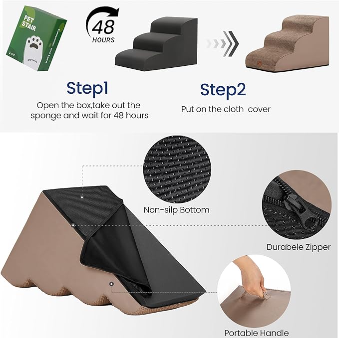 GoGoBunny Ramp Dog Stairs for High Beds 24.4" H, 5-Step Extra Wide Dog Slope Stairs with Durable Waterproof Fabric Cover, Pet Steps for Old Large Dogs Climbing, Non-Slip Sturdy Indoor Step, Camel