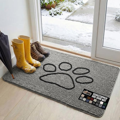 GORILLA GRIP SoakSTOPPER Dog Door Mat, 48x30 Machine Washable Rug Absorbent Doormat Captures Moisture Mud Dirt, Quick Dry Soft Chenille Entryway Rugs Indoor Entrance Mats for Dog Paws, Paw Grey