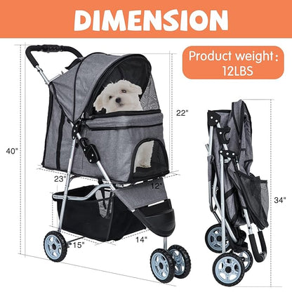 Dog Stroller for Small Dogs,Pet Stroller Strolling Cart Folding Pet Gear Lightweight Waterproof with Storage Basket for Puppy Small Medium Dogs Cats for Travel,Grey