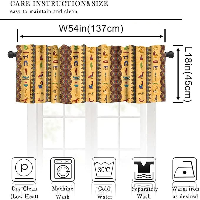 Vintage Ancient Egypt Curtains Valance, Retro Old Egyptian Hieroglyphics Floral Geometric Mysterious Egypt Culture Window Valance Curtain for Farmhouse Bedroom Living Room Kitchen 54x18inch