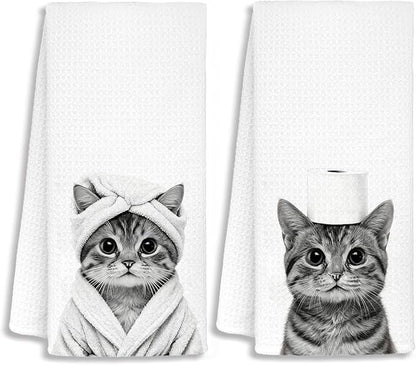 Funny Cat Bathroom Hand Towels, Cat Mom Lovers Lady Gifts for Women, Pet Lover Gifts Decorative Hand Towels for Bathroom Decor, 16x24 Inch Set of 2