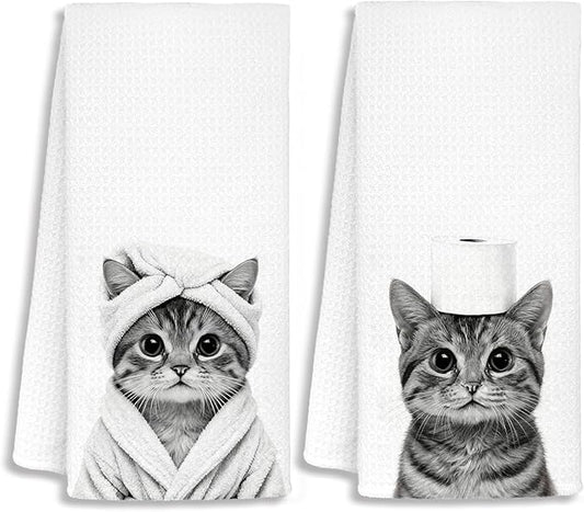 Funny Cat Bathroom Hand Towels, Cat Mom Lovers Lady Gifts for Women, Pet Lover Gifts Decorative Hand Towels for Bathroom Decor, 16x24 Inch Set of 2