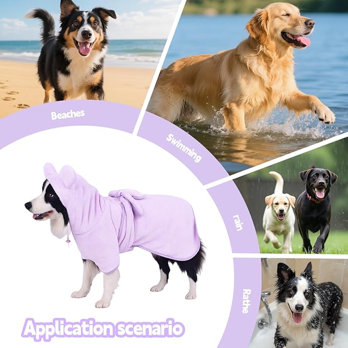 Super Absorbent Dog Bathrobe Pineapple Soft Fast Drying Dogs Towel Robe Adjustable Drying Coat for After Bath with Hood (Coral Velvet Purple, Large)