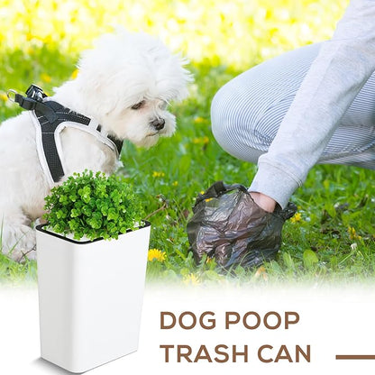 Jingmore Dog Poop Trash Can Outside 3.96 Gal/15 L Plant Styled Dog Waste Trash Can with Lid 50 Pcs Plastic Waste Bags Outdoor Indoor Poop Container Slim Garbage Bin for Yard Garden Pet (White)