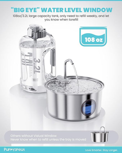 Cat Water Fountain Stainless Steel - 108oz/3.2L Automatic Cat Water Fountain for Drinking with 3 Pcs Filters, Metal Pet Water Fountain Water Dispenser for Cats, Puppy Dogs, Multiple Pets