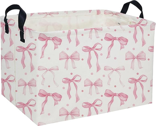 Kids Basket Pink Baskets Girls Basket Rectangular Cute Storage Bin for Room Decor(Pink bownot)