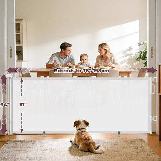 78" Retractable Extra Wide Baby Gates for Doorways, Long Mesh Dog Gate for Large Openings, Indoor Outdoor Pet Gate for Deck Porch Kitchens Hallways, 34" Height, White