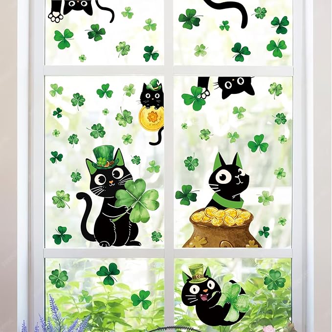 Whaline 6 Sheets St. Patrick' s Day Window Clings Black Cat Green Shamrock Clover Window Decal Reusable Anti-Collision Windows Decor for Irish Holiday Party Supplies