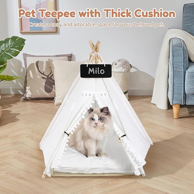 Pet Teepee for Cats Dogs - 20 x20 x 24in Cat Teepee with Thick Cushion for Cats Dogs Rabbits, Washable Dog Tent with Blackboard, Indoor Pet House for Puppies, White
