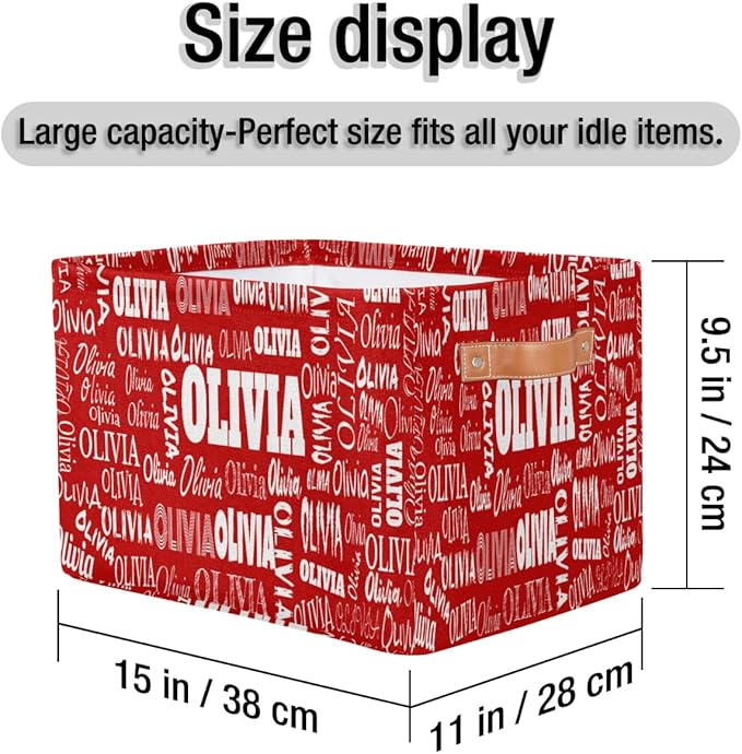 Custom Rectangle Storage Basket, Personalized Name Organizer Bin for Pet/Children Toys, Books, Clothes, Perfect for Rooms/Playroom, Red Color