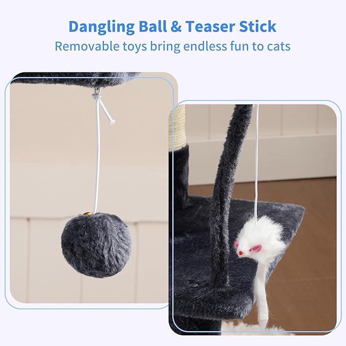 Heybly Cat Tree with Toy, Cat Tower Condo for Indoor Cats, Cat House with Padded Plush Perch, Cozy Hammock and Sisal Scratching Posts, Smoky Gray HCT004SG