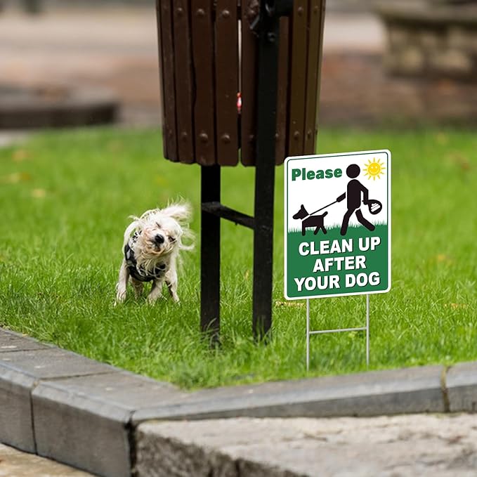 Clean UP After Your Dog Signs, 2-Pack 13"x10" Double-Sided H-Metal Stakes, Pick Up After Your Dog Sign for Yard, Please Clean Up After Your dog Sign