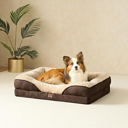 EHEYCIGA Orthopedic Dog Bed for Medium Dog, 30x20x6.5 Inch Memory Foam Dog Couch Bed with Sides, Waterproof Liner & Washable Removable Cover, Bolster Pet Sofa, Brown