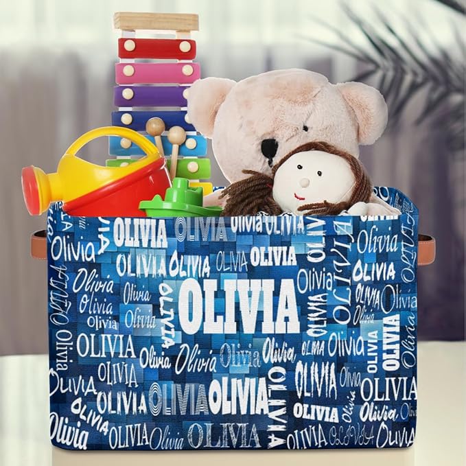 Personalized Storage Bins, Customized Name Storage Basket Rectangle Clothes Organizer for Organizing Kids and Pets Toys Shelf Closet, Blue Geometric Square