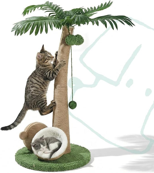 33" Tall Cat Scratching Post, Natural Jute Cat Scratcher for Indoor Cats,Twin Coconuts & Tree Design with Hanging Toy Ball & Rest Platform,Stable Furniture Protector for Kittens & Adult Cats,M