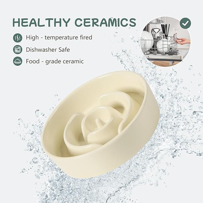 Ceramic 0.9 Cup Raised Dog Slow Feeder Set, Elevated Bowl with Wooden Stand for Small Dog and Cat, 6.1inch Puzzle Slow Dog Food Dish, Anti-Gulping(Beige, Single Bowl+ Stand)