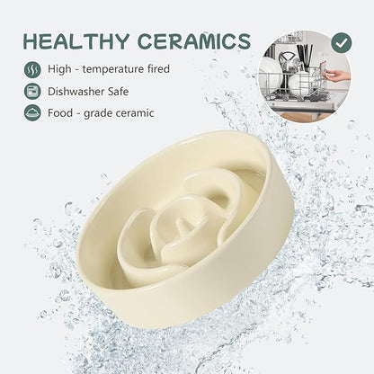 Ceramic 0.9 Cup Raised Dog Slow Feeder Set, Elevated Bowl with Wooden Stand for Small Dog and Cat, 6.1inch Puzzle Slow Dog Food Dish, Anti-Gulping(Beige, Single Bowl+ Stand)