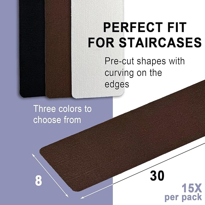 Nonslip Stair Treads Wooden Steps, 15 PCS 30" x 8" Safety Rug Slip Resistant Runner with Reusable Adhesive, Carpet Landing Mat for Family Elders Pets Soft Stair Mats Indoor (Brown)