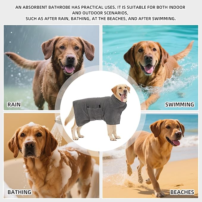 Dog Bathrobe, Quick Drying Super Absorbent Dog Robes for After Bath, Warm Keeping Dogs Towel, Dogs Bath Supplies, Comfortable Soft Drying Coat (Large, Grey)
