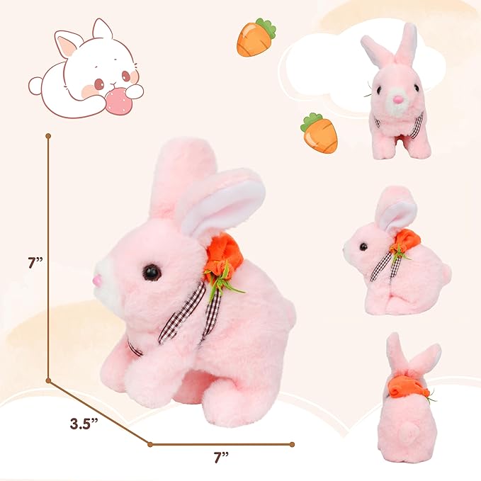 Easfan Walking Pink Rabbit Interactive Electronic Pet Plush Bunny Toy with Sounds Hopping Rabbit Ears Moving Educational Plush Toy Easter Birthday Gifts for Kids Girls, 7''