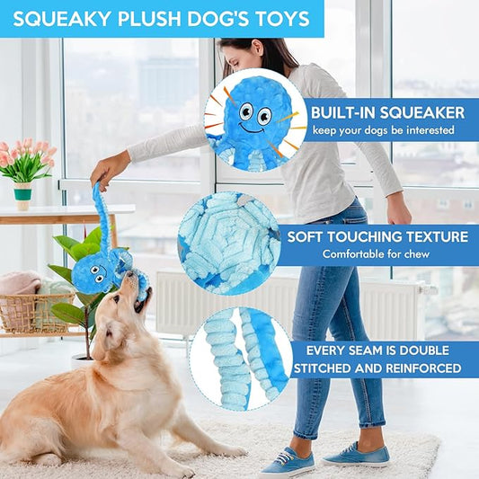 Squeaky Dog Toys Octopus Stuffed Crinkle Toy, Puppy Chew Toys for Teething, Durable Tug of War Interactive Plush Dog Toys for Puppies Small, Medium, and Large Dogs