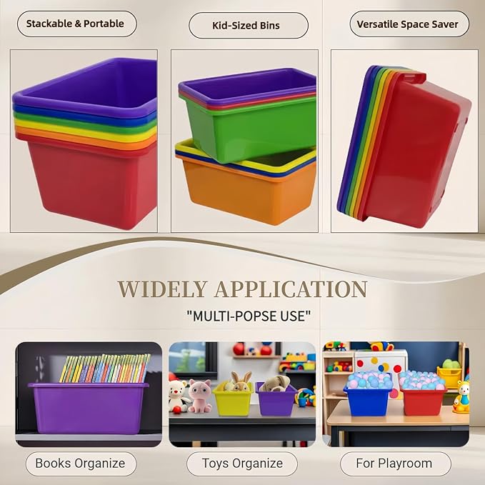 RAUVOLFIA 6 Pack Small Cubby Bin Storage Bins, Multi-Purpose Plastic Storage Bins Stackable Organizer Storage Cubbies for Home, Playroom, Classroom (Rainbow)