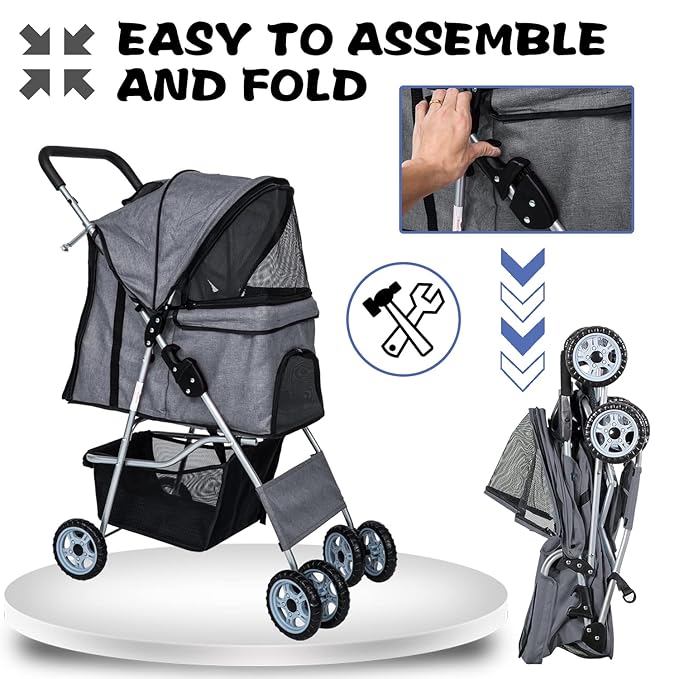 Dog Stroller for Small Dogs,Pet Stroller Strolling Cart 4 Wheels Folding Pet Gear Lightweight Waterproof with Storage Basket for Puppy Small Medium Dogs Cats for Travel,Grey
