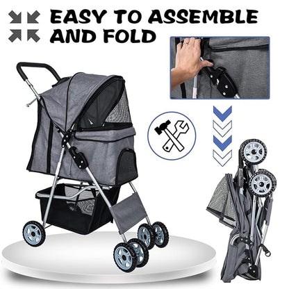 Dog Stroller for Small Dogs,Pet Stroller Strolling Cart 4 Wheels Folding Pet Gear Lightweight Waterproof with Storage Basket for Puppy Small Medium Dogs Cats for Travel,Grey